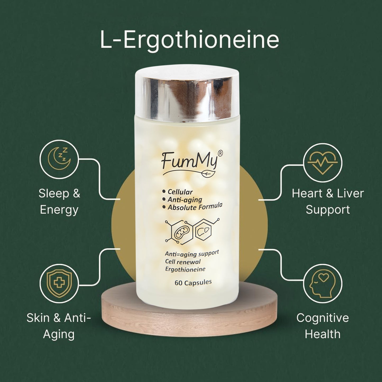 Fummy L-Ergothioneine 60 capsules per bottle Cellulare Anti-aginge Absolute Formula Anti-aging support Cell renewal, Ergothioneine Heart Health & Brain Supplement Lab Tested Made in USA 0.5mg/cps. (120 pcs)